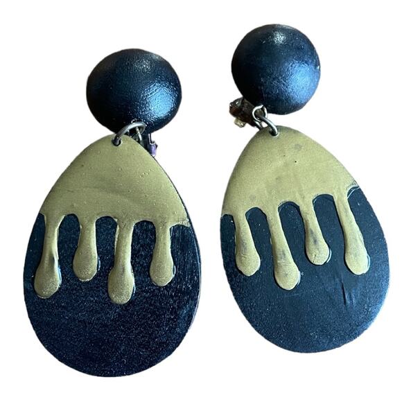 Vintage Black oval drip clip on earrings - Picture 1 of 3